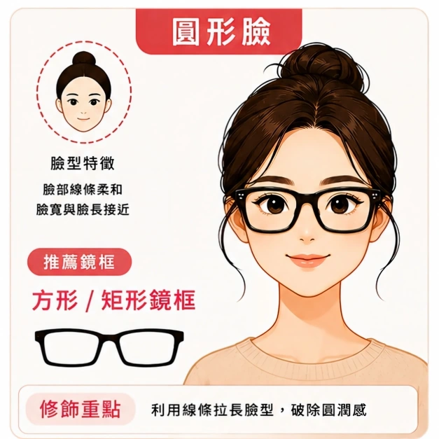 中壢眼鏡行配鏡建議:圓形臉+方形鏡框